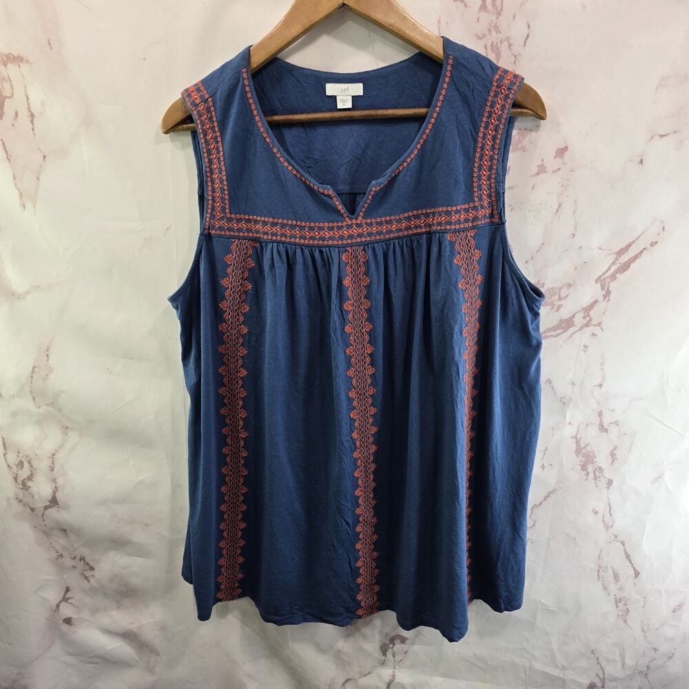 J Jill Tank Top Womens XL Blue Red Embroidered Peasant Tencel Modal V